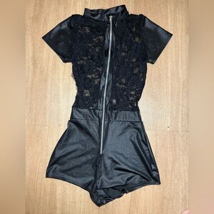 Black Lace and Faux Leather Romper